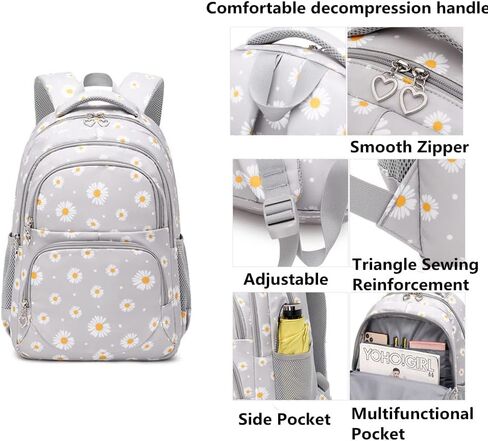 3-in-1 Daisy Laptop Backpack Bag Set, With Lunch Pencil Bag Kits For Teenager Girls, Gradient School Bag For Kids Student (Grey) in Saudi Arabia