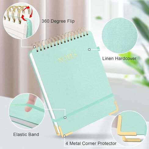 Aesthetic Top Spiral Notebook, A4 Large Linen Hardcover Top Bound Steno Pads, 240 Pages 100gsm Thick Lined Paper Left Handed Notebook Journal for Work, School, Church Writing - Green, 8.5" x 11" in Kuwait