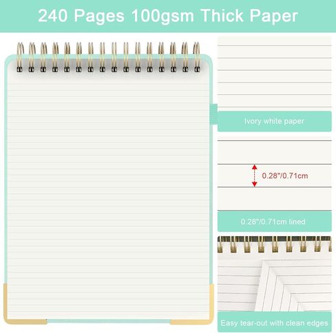 Aesthetic Top Spiral Notebook, A4 Large Linen Hardcover Top Bound Steno Pads, 240 Pages 100gsm Thick Lined Paper Left Handed Notebook Journal for Work, School, Church Writing - Green, 8.5" x 11" in Kuwait