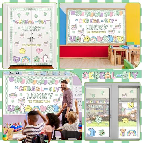 St. Patrick's Day Bulletin Board Decoration Shamrock Clover Cutouts Cereal-Sly Lucky to Teach You Classroom Bulletin Board Set Rainbow for Irish Holiday School Classroom Chalkboard Wall Door Decor in Saudi Arabia