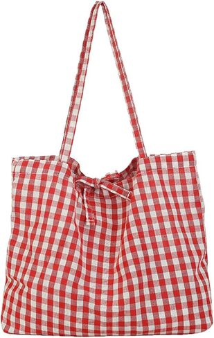 Gingham Tote Bag Vintage Shoulder Tote Lightweight Shoulder Bag Gingham Large Capacity Handbag in Saudi Arabia