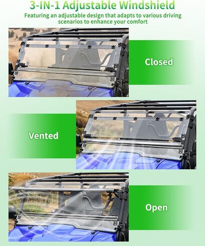 زجاج أمامي قابل للطي 3 في 1 لملحقات Yamaha Wolverine X2 / X4 850 2018-2020، نافذة زجاجية مقاومة للخدش مطلية بطبقة صلبة 1/5 بوصة بولي قابلة للطي بالكامل من الأمام يمكن فتحها وتهويتها ومغلقة in Saudi Arabia