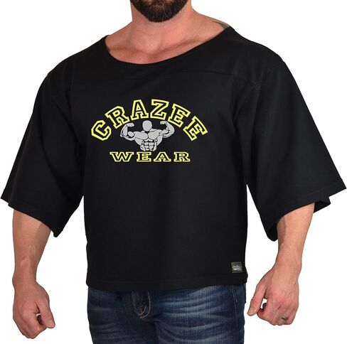 Crazee Wear Men's Black Oversize Rag Top. Gym Bodybuilding and Lifting T-Shirt with 3/4 Sleeve Neon Yellow Design in Saudi Arabia