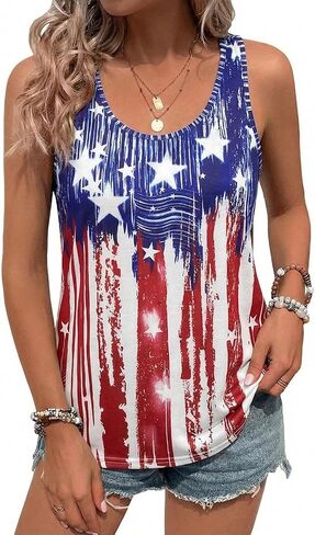 QLIPIN العلم الأمريكي تانك القمم المرأة USA قميص 4th من يوليو الوطنية تي شيرت نجوم المشارب سترة دون أكمام in Kuwait