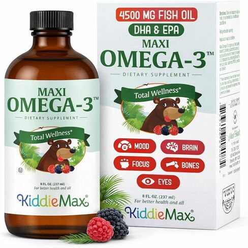 Maxi Omega-3 for Kids - Omega 3 Fish Oil Liquid for Kids with DHA and EPA Fatty Acids - Natural Fruity Burst Flavor - Kosher Certified - Made in USA Childrens DHA Kids Fish Oil Supplement, 8 fl. Oz. in Kuwait