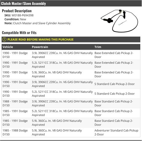 مجموعة القابض الرئيسية والأسطوانة - متوافقة مع 1985-1991 دودج D150 in Saudi Arabia