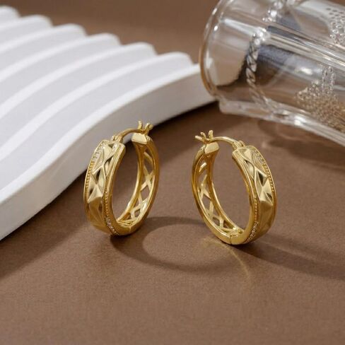 14K الذهب هندسية هوب أقراط للنساء 20 مللي متر مكتنزة الذهب الأطواق هيبوالرجينيك الأوجه Huggie أقراط مجوهرات هدية in Kuwait