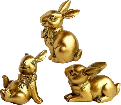 Easter Bunny Statues Hand-Painted Resin Gold Rabbit Figurine Tabletop Decor, Vintage Spring Decorations, Photo Props, Ornament, Gift (3, Gold) in Kuwait