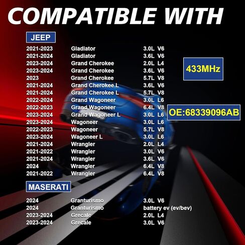 مستشعر مراقبة ضغط الإطارات المبرمج مسبقًا مناسب لسيارة جيب - 2021-2024 جلاديتور جراند شيروكي رانجلر، واجونير، من أجل: مازيراتي جران توريزمو جريكال 4 قطع 433 ميجا هرتز OE-68339096AB، 68339096AA in Kuwait