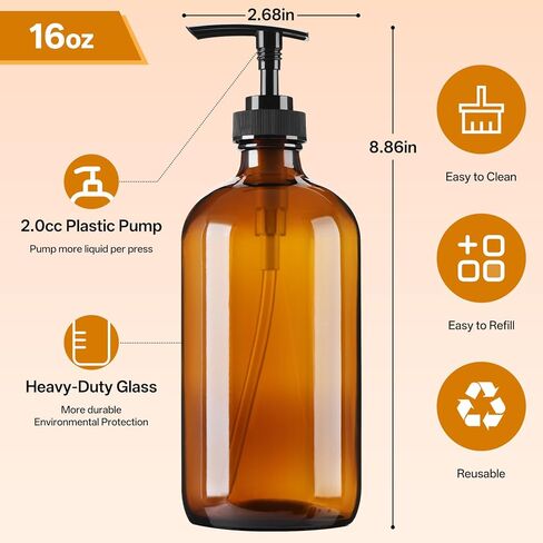 Vitreaux 16oz Amber Glass Soap Dispenser, 2 Pack Refillable Hand Soap Dispenser with Leak-Proof Pump, Brown Glass Bottle for Dish Soap, Lotion, Shampoo, Conditioner, Body Wash in Saudi Arabia