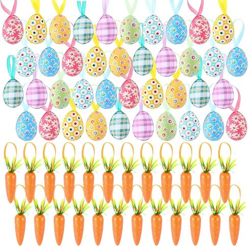 Vinsot 72 Pcs Easter Hanging Ornaments Include 48 Pcs Easter Hanging Eggs and 24 Foam Glitter Artificial Carrots Buffalo Plaid Dots Spring Farmhouse Tree Ornaments for Decoration Basket Filler Decor in Saudi Arabia