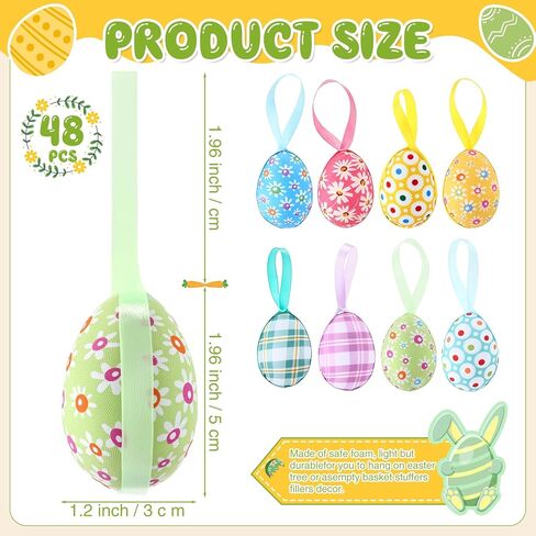 Vinsot 72 Pcs Easter Hanging Ornaments Include 48 Pcs Easter Hanging Eggs and 24 Foam Glitter Artificial Carrots Buffalo Plaid Dots Spring Farmhouse Tree Ornaments for Decoration Basket Filler Decor in Saudi Arabia