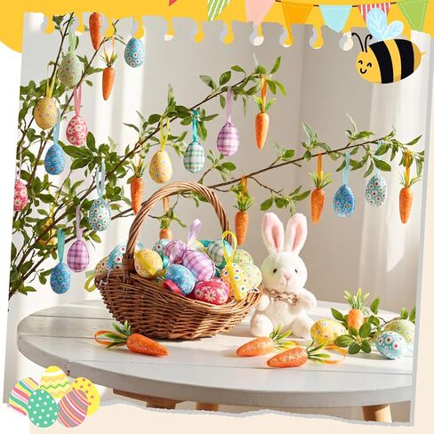 Vinsot 72 Pcs Easter Hanging Ornaments Include 48 Pcs Easter Hanging Eggs and 24 Foam Glitter Artificial Carrots Buffalo Plaid Dots Spring Farmhouse Tree Ornaments for Decoration Basket Filler Decor in Saudi Arabia