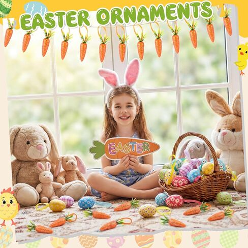 Vinsot 72 Pcs Easter Hanging Ornaments Include 48 Pcs Easter Hanging Eggs and 24 Foam Glitter Artificial Carrots Buffalo Plaid Dots Spring Farmhouse Tree Ornaments for Decoration Basket Filler Decor in Saudi Arabia