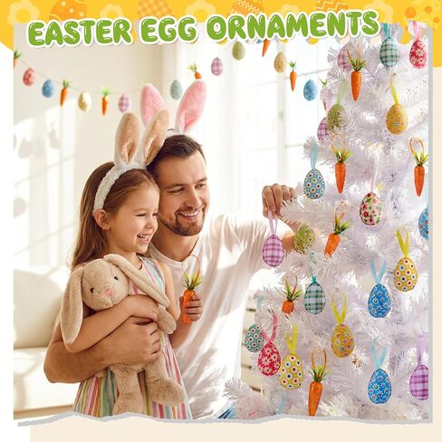 Vinsot 72 Pcs Easter Hanging Ornaments Include 48 Pcs Easter Hanging Eggs and 24 Foam Glitter Artificial Carrots Buffalo Plaid Dots Spring Farmhouse Tree Ornaments for Decoration Basket Filler Decor in Saudi Arabia