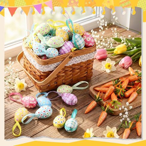 Vinsot 72 Pcs Easter Hanging Ornaments Include 48 Pcs Easter Hanging Eggs and 24 Foam Glitter Artificial Carrots Buffalo Plaid Dots Spring Farmhouse Tree Ornaments for Decoration Basket Filler Decor in Saudi Arabia