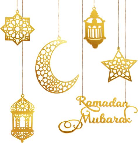 6pcs Ramadan Ornaments, Acrylic Ramadan Kareem Decoration Eid Mubarak Pendant Wind Light Moon Star Shaped Ramadan Decor for Hanging on Walls Windows Trees (Golden) in Saudi Arabia