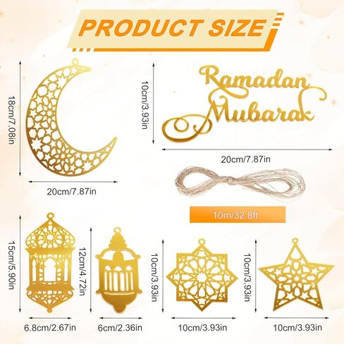 6pcs Ramadan Ornaments, Acrylic Ramadan Kareem Decoration Eid Mubarak Pendant Wind Light Moon Star Shaped Ramadan Decor for Hanging on Walls Windows Trees (Golden) in Saudi Arabia