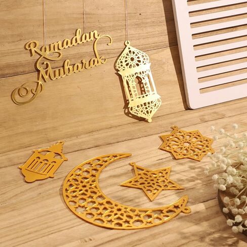 6pcs Ramadan Ornaments, Acrylic Ramadan Kareem Decoration Eid Mubarak Pendant Wind Light Moon Star Shaped Ramadan Decor for Hanging on Walls Windows Trees (Golden) in Saudi Arabia