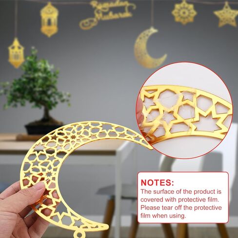 6pcs Ramadan Ornaments, Acrylic Ramadan Kareem Decoration Eid Mubarak Pendant Wind Light Moon Star Shaped Ramadan Decor for Hanging on Walls Windows Trees (Golden) in Saudi Arabia