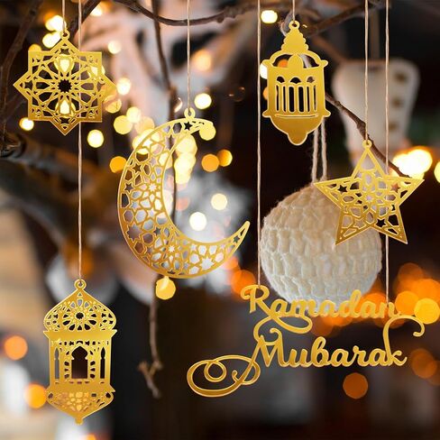 6pcs Ramadan Ornaments, Acrylic Ramadan Kareem Decoration Eid Mubarak Pendant Wind Light Moon Star Shaped Ramadan Decor for Hanging on Walls Windows Trees (Golden) in Saudi Arabia