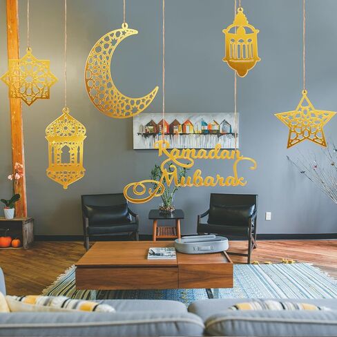 6pcs Ramadan Ornaments, Acrylic Ramadan Kareem Decoration Eid Mubarak Pendant Wind Light Moon Star Shaped Ramadan Decor for Hanging on Walls Windows Trees (Golden) in Saudi Arabia