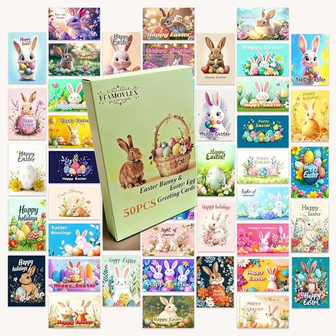 50-Pack Boxed Easter Cards Pack,Easter Postcard with 50 Unique Bunny and Egg Designs, 4x6 Inch Easter Cards,Printed on 350GSM Thick Cardstock in Saudi Arabia