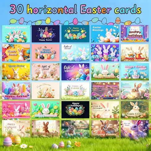 50-Pack Boxed Easter Cards Pack,Easter Postcard with 50 Unique Bunny and Egg Designs, 4x6 Inch Easter Cards,Printed on 350GSM Thick Cardstock in Saudi Arabia