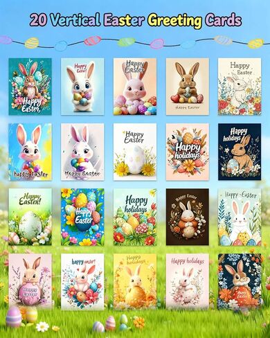 50-Pack Boxed Easter Cards Pack,Easter Postcard with 50 Unique Bunny and Egg Designs, 4x6 Inch Easter Cards,Printed on 350GSM Thick Cardstock in Saudi Arabia
