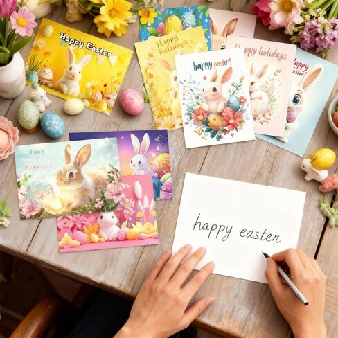 50-Pack Boxed Easter Cards Pack,Easter Postcard with 50 Unique Bunny and Egg Designs, 4x6 Inch Easter Cards,Printed on 350GSM Thick Cardstock in Saudi Arabia