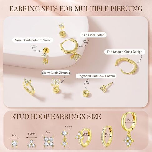 Turandoss Gold Hoop Earrings for Women, 14K Gold Plated Hypoallergenic CZ Earrings Hoop & Stud Earrings for Women, Cartilage Earring Stacks for Multiple Piercings in Saudi Arabia