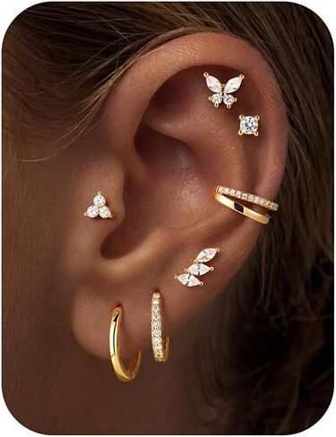 Turandoss Gold Hoop Earrings for Women, 14K Gold Plated Hypoallergenic CZ Earrings Hoop & Stud Earrings for Women, Cartilage Earring Stacks for Multiple Piercings in Saudi Arabia