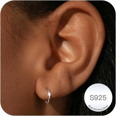 هدايا عيد الحب لها أقراط حلقية من الفضة الإسترلينية عيار 925 - أقراط هوجي صغيرة للنساء، أقراط فضية غضروفية عصرية لا تسبب الحساسية، مجوهرات خفيفة الوزن in Kuwait