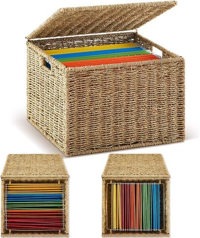 Decorative File Storage Box with Lid, Seagrass Hanging File Organizer for Letter & Legal Size Files, Collapsible Document Storage Box for Office Home Desk Organization in Saudi Arabia