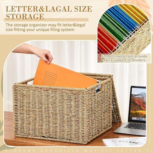 Decorative File Storage Box with Lid, Seagrass Hanging File Organizer for Letter & Legal Size Files, Collapsible Document Storage Box for Office Home Desk Organization in Saudi Arabia