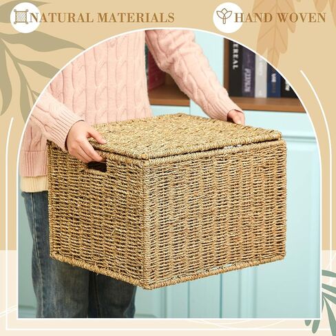 Decorative File Storage Box with Lid, Seagrass Hanging File Organizer for Letter & Legal Size Files, Collapsible Document Storage Box for Office Home Desk Organization in Saudi Arabia