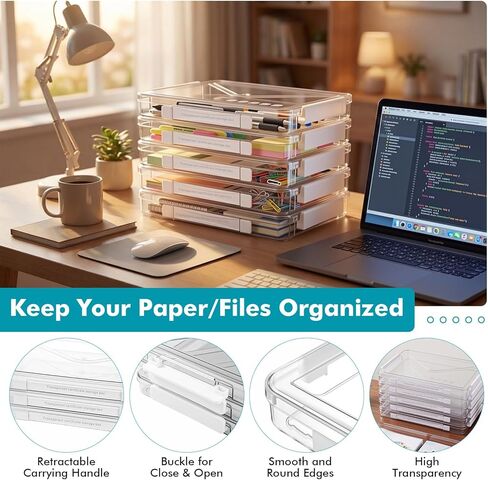 Novabright 5 Pack Clear Plastic File Boxes with Handle Portable Project Case Paper Storage Bin with Lid Transparent Stackable Container Document Magazine Protector for A4 Paper Photo Craft Scrapbook in Kuwait