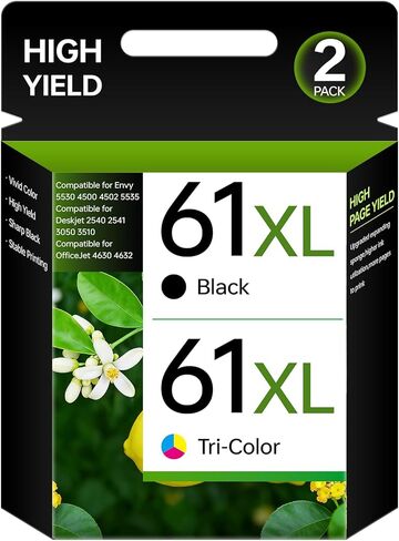 خراطيش حبر 61XL بديلة باللون الأسود لحزمة كومبو خرطوشة حبر 61 XL لطابعة Envy 5530 4500 4502 5535 Deskjet 2540 2541 3050 3510 OfficeJet 4630 4632 (أسود ثلاثي الألوان، عبوتان) in Kuwait