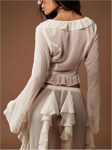 SHENHE Women's Tie Front Ruffle Crop Top Blouse Bell Long Sleeve Sheer Western Fairy Shirt Top in Saudi Arabia