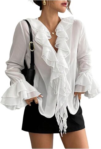 SOLY HUX Women's Long Sleeve Ruffle Blouse V Neck Chiffon Shirts Layered Going Out Tops in Saudi Arabia