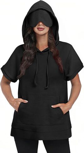 Kimmery Travel Hoodie with Eye Mask Women Short Sleeve Oversized Sweatshirt Pullover with Pocket for Airplane Naps in Kuwait