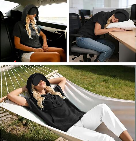 Kimmery Travel Hoodie with Eye Mask Women Short Sleeve Oversized Sweatshirt Pullover with Pocket for Airplane Naps in Saudi Arabia