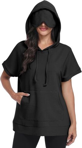 Kimmery Travel Hoodie with Eye Mask Women Short Sleeve Oversized Sweatshirt Pullover with Pocket for Airplane Naps in Saudi Arabia