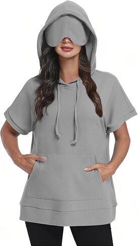 Kimmery Travel Hoodie with Eye Mask Women Short Sleeve Oversized Sweatshirt Pullover with Pocket for Airplane Naps in Saudi Arabia