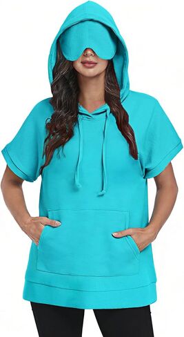 Kimmery Travel Hoodie with Eye Mask Women Short Sleeve Oversized Sweatshirt Pullover with Pocket for Airplane Naps in Saudi Arabia