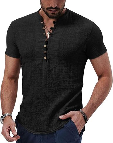 Puimentiua الرجال القطن الكتان قمصان قصيرة الأكمام عارضة هينلي قميص الصيف الشاطئ تي شيرت للرجال in Kuwait