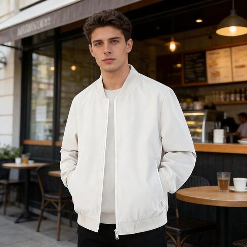 Bomber Jacket for Men Casual Full Zip Ribbed Collar Cuff Hem Lightweight Outerwear Smooth Fabric Side Pockets Relaxed Fit in Saudi Arabia