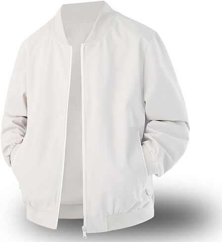 Bomber Jacket for Men Casual Full Zip Ribbed Collar Cuff Hem Lightweight Outerwear Smooth Fabric Side Pockets Relaxed Fit in Saudi Arabia
