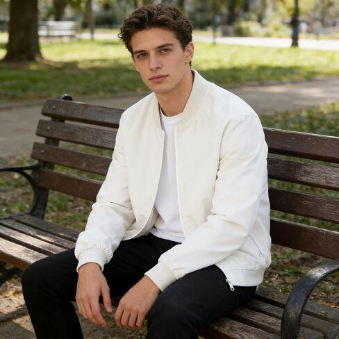 Bomber Jacket for Men Casual Full Zip Ribbed Collar Cuff Hem Lightweight Outerwear Smooth Fabric Side Pockets Relaxed Fit in Saudi Arabia