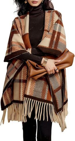 Elegant Shawl Wraps Soft Open Front Poncho Knitted Plaid Shawl Wrap Cape Tassel Cardigan in Saudi Arabia